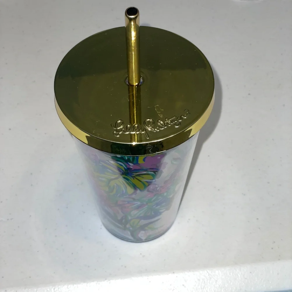 EUC Lilly Pulitzer Mermaid In The Shade Tumbler & Gold Straw - Picture 3 of 6